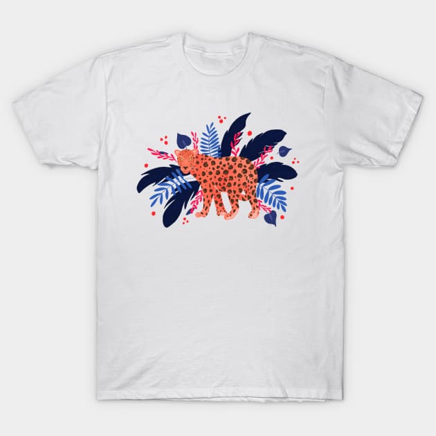 Red leopard in the blue tropical jungle T-Shirt by Home Cyn Home 